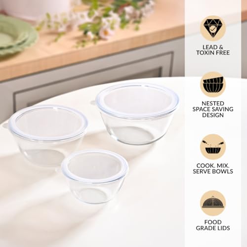 Image of Nestasia Borosilicate Glass Mixing Bowls with Lids Set of 3 (500ml, 1000ml, 1600ml), Microwave & Oven Safe, Dishwasher & Freezer Safe Glass Serving & Storage Bowls for Kitchen