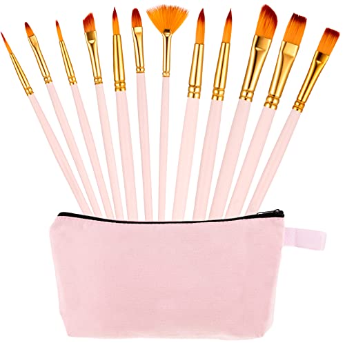 Ctosree Set of 12 Travel Pink Water Color Brushes with Pouch Assorted Face Painting Water Color Paint Brushes for Adults Kids Teens Artist Paint Brushes Oil Acrylic Art Paintbrush Sets for Beginners
