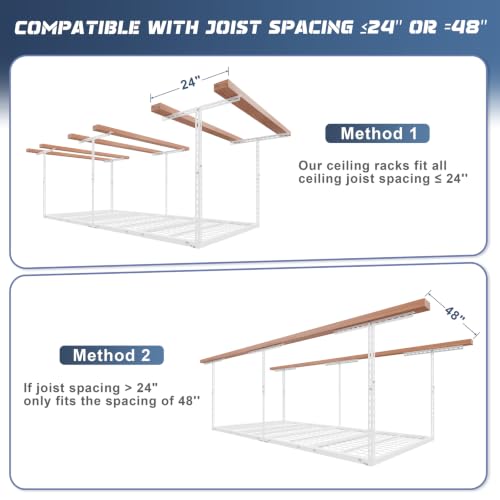 Image of Jusgym 4X8FT Overhead Garage Storage Rack, 26 inch-40 inch Height Adjustable Garage Ceiling Storage Racks, Heavy Duty Metal Overhead Storage Organizer System, 750LBS Weight Capacity, White