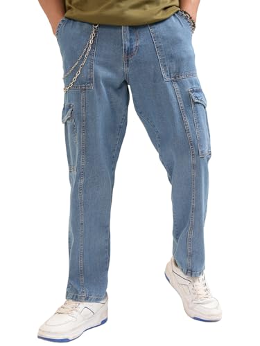 Image of Highlander Men's Relaxed-Fit Cargo Pocket Jeans | Clean Look | Cotton Comfort | Utility Style| Cargo Jeans for Man