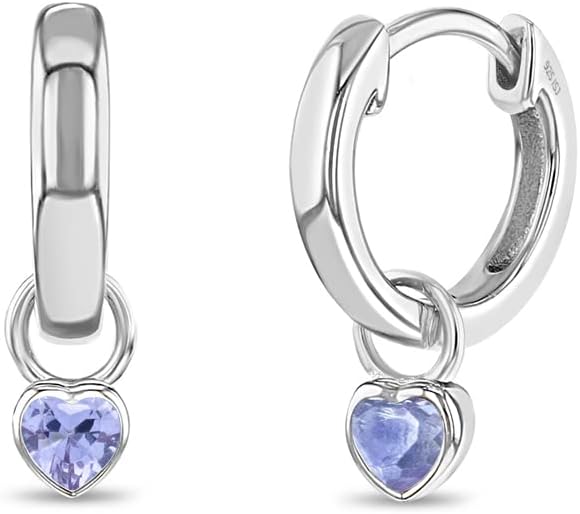In Season Jewelry Simulated Birthstone Heart Charm Girls Hoop Earrings for Kids - 925 Sterling Silver Little Girl Hoop Earrings - Hypoallergenic & Comfortable with Secure Latch Closure
