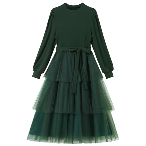 AWIBMK Mom and Me Christmas Dresses Ribbed Knit Tiered Hemline Tulle Velvet Dress Fall Winter Xmas Matching Outfits with Belt3