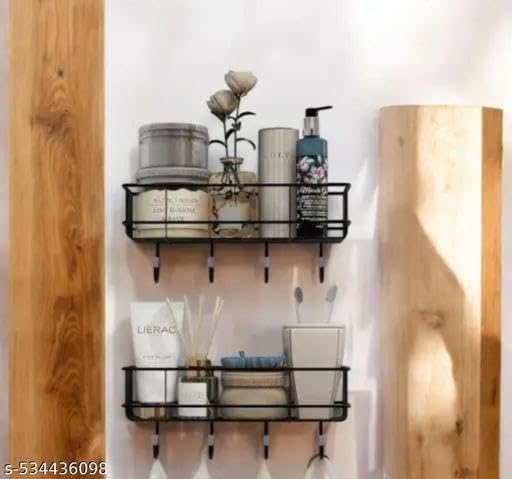 (Pack of 2) Steel Self-Adhesive Multipurpose Bathroom Shelf with Hooks/Towel Holder/Rack/Bathroom Accessories-Wall Mount - Pack of 2 (Black,Powder Coated) 3