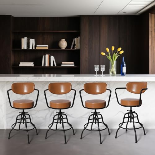 Butaco industrial moderno con respaldo, reposabrazos y reposapiés: asiento giratorio flexible y altura ajustable de 21,7" a 25,6" - cojín suave y cuero liso - elegante color marrón con estructura metálica miniatura 7