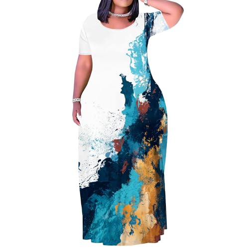Image of PinkPatty Plus Size Dress for Women Casual Crew Neck Short Sleeve Maxi Dress Oversized Summer Beach Dresses with Pockets