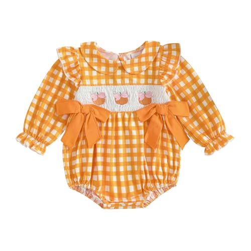 Image of Summffie Newborn Baby Girl Halloween Outfit Pumpkin Bubble Romper Long Sleeve Jumpsuit Cute Halloween Baby Clothes