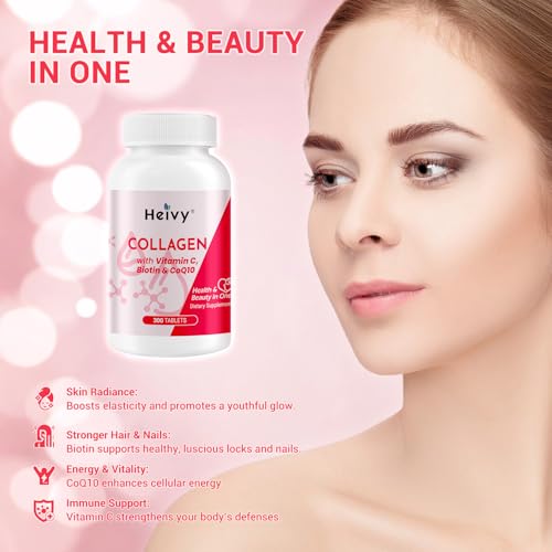 Image of Heivy Natural Collagen 5000 mg with Vitamin C, Biotin and CoQ10,Hydrolyzed Collagen Peptides Supportment for Women & Men, Multi Collagen Pill for Hair, Skin, Nails, Joint, Grass Fed, 300 Tablets