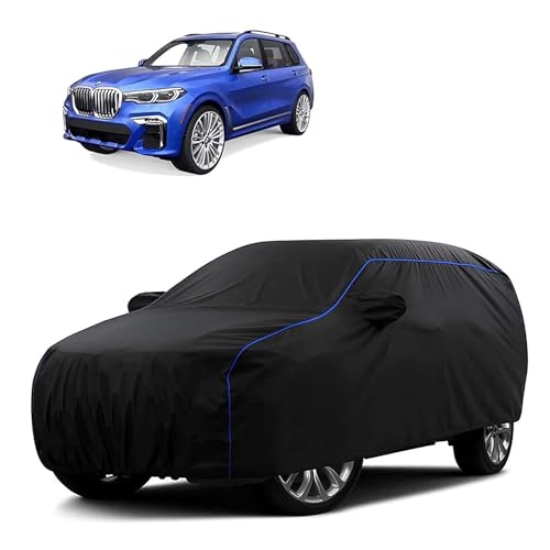 Image of Sulfar 100% Water Resistant Car Body Cover Compatible with Mirror for BMW X7 (Triple Stitched, Full Bottom Elastic, Black Tafetta with Blue Piping)