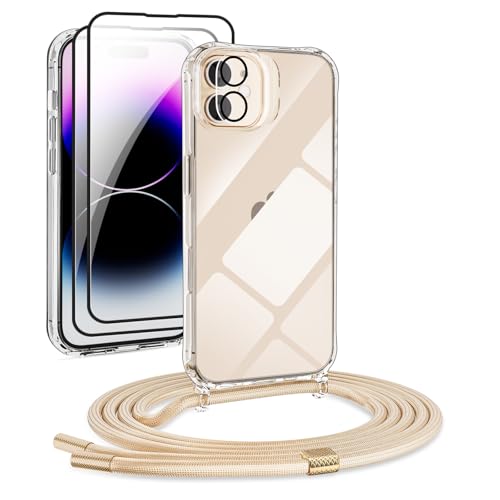 DiDaDi [5 in 1 Handykette Set für iPhone Necklace Hülle mit Bands+Transparent Schutzhülle+2*Schutzfolie+kameraschutz Glas, Schutzhülle zum Umhängen Kordel Case