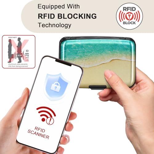 Image of ELFISH Mini RFID Aluminum Wallet Credit Cards Holder Business Card Case Metal ID Case for Men Women(Beach