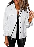 EVALESS Female Basic Ripped Distressed Denim Jean Jacket 2025 Fall Plus Size Stretch Classic Long Sleeve Button Down Washed Trucker Jacket for Women White Large