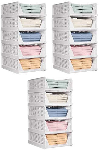 Image of Folding Closet Organizers Storage Box,Stackable Storage Bins,Plastic Drawer Basket Closet-Storage for Wardrobe Cupboard Kitchen Bathroom Office White-5L,(Pack of 15)