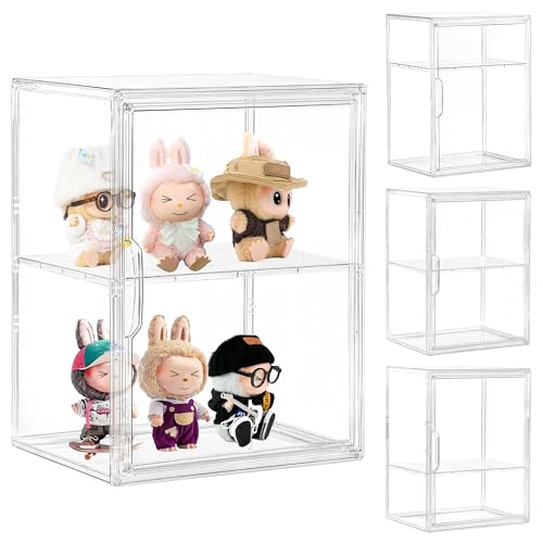 Image of Acrylic Display Case with Removable Shelf, 2 Tier Clear Plastic Stackable Storage Bins with Magnetic Lids, Figure Display Case for Collectibles Cosmetic Acrylic Box, 4 Pack