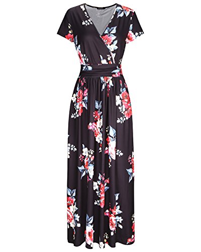 OUGES Women's V-Neck Pattern Pocket Maxi Long Dress(Floral-6,XL)