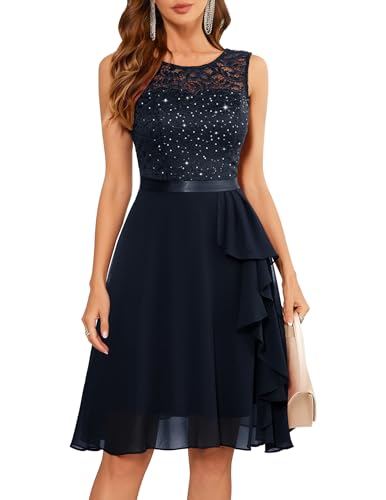 BeryLove Sequin Cocktail Bridesmaid Wedding Guest Sparkly Glitter Dress Lace Chiffon Formal Party Prom Evening Short Ruffle Dresses 52XP Navy L