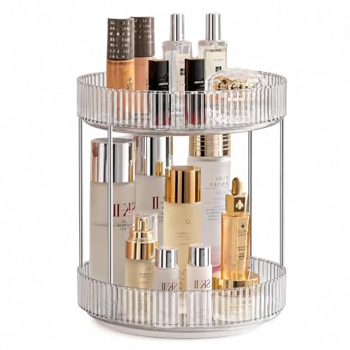 Image of MECHDEL Makeup Organiser Box with Drawers, Perfume, Cosmetic and Skincare Storage Stand, Dressing Table Organiser for Lipstick, Nail Polish (360 Rotating-Transparent White, 2 Tier)