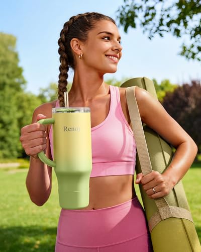 Image of Renoj Insulated Mug 100% Spill Resistant Insulated Water Bottle for Iced Coffee & Hot Drinks - Fits Car Cup Holder, Ideal Gift, 2 Straws & Silicone Boot - FlexSlide Green Gradient 32 oz