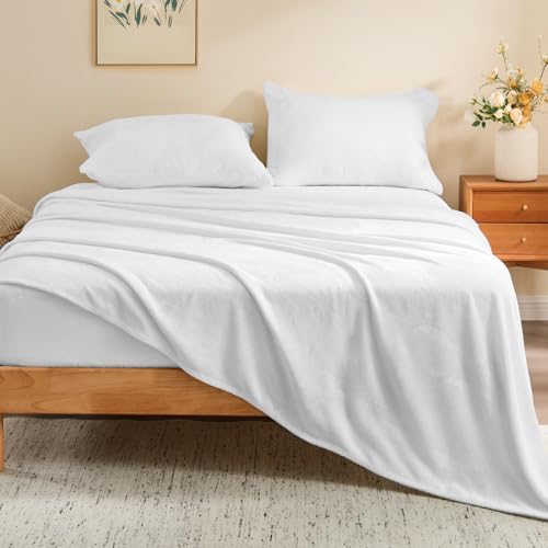 Image of BEDELITE Flannel Sheets Twin Size Bright White - Super Soft Fleece Sheets Set Fluffy Extra Plush, 3 Piece(Include Fitted Sheet, Flat Sheet, 1 Pillowcase)