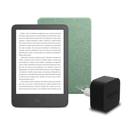 Den neuen Kindle (2024 Release) 16 GB mit Werbung, eine Amazon-Stoffhülle und ein Amazon Powerfast 9-W-Netzteil.