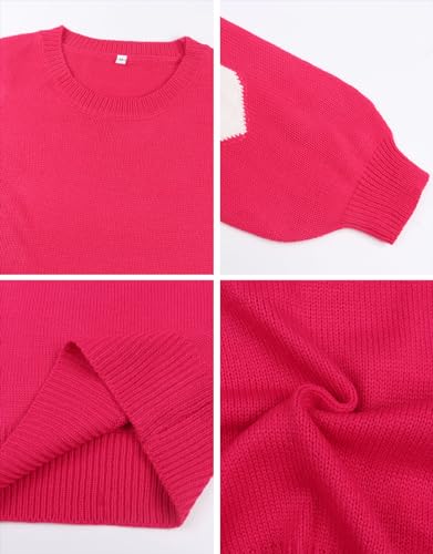 Image of Alsol Lamesa Women's Fall Pullover Sweaters Cute Hearts Long Sleeve Crewneck Casual Knitted Sweaters, X-Large, 238 Bright Pink