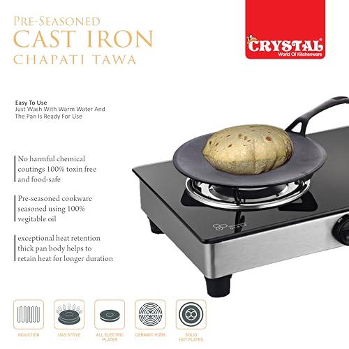 Image of Crystal Pre-Seasoned Cast Iron Roti /Chapati Tawa 250 Mm | Free Handle Cover | 100% Toxin Free | Naturally Non Stick | Long Lasting | Induction & Gas Stove Compatible