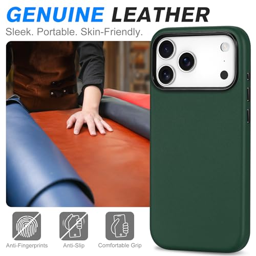 Image of SHIELDON Genuine Leather Case for iPhone 17 Pro Max 6.9 inch, Midnight Green | Compatible with MagSafe, Magnetic Wireless Charging, Camera Button, Metal Buttons, Camera Bezel, Slim, Shockproof, Women Men