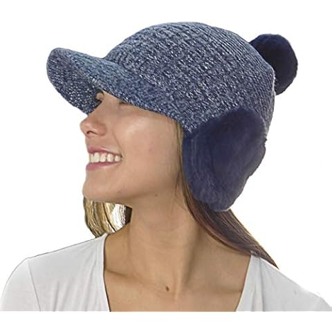 Shadana's Collection Womens Knitted Visor Bill Soft Faux Fur Ear Warmers Pom Pom Beanie Winter Cap Hat (Navy) Cover
