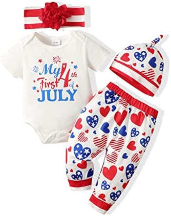 Renotemy 6-12 Months Girl Clothes Summer Newborn 4th of July Outfit Set White Tops Heart Printing Pants Cute Baby Girl Outfits 6-12 months