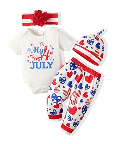 Renotemy 6-12 Months Girl Clothes Summer Newborn 4Th Of July Outfit Set White Tops Heart Printing Pants Cute Baby Girl Outfits 6-12 Months #TOP11