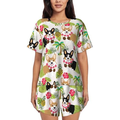 Pyjama 2 pièces femme col rond à motif floral tropical et corgi