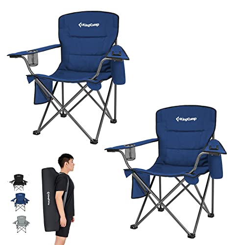 KingCamp Padded Heavy Duty Oversized Folding Camping Chairs Steel Frame with Cooler Bag Cup Holder Supports 300 LBS (2 Pack Blue)