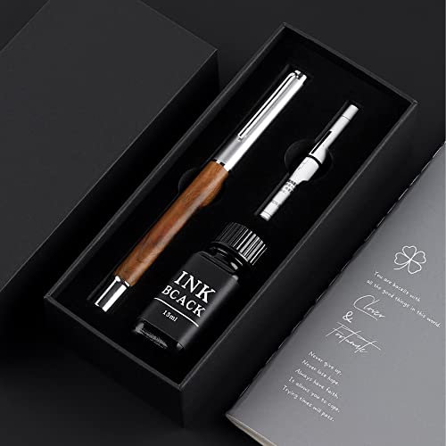 Ayzhang Wooden Fountain Pen Medium Nib Natural Rosewood Retro Pen,Ideal Gift Set, Includes Fountain Pen, Bottle Ink,Ink Refill Converter, Premium Gift Box - Black #TOP5