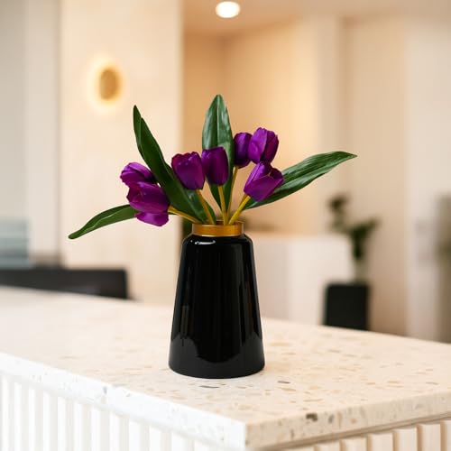 Image of Market99 Metal Flower Holder | Vase, Plant Pot, Black Cylindrical Vase with Gold Ring Design & Glossy Texture | Home Decor Accent for Living Room, Office, Table Centerpiece & Gifting