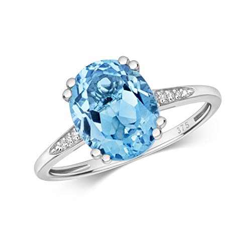 Bague Femme Or Blanc 9k diamant et topaze bleue pour illuminer vos tenues de soirée