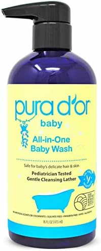 PURA D'OR All-in-One Baby Wash (16oz) USDA Biobased, Zero Sulfates, No Artificial Scents, Tear-Less, Hypoallergenic, Gentle, Calming 2-in-1 Baby Bath Wash & Shampoo