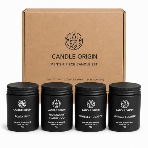 Image of Mahogany Teakwood Candles for Men Gift Set - 4 Pack 7oz Soy Wax with Whiskey Tobacco, Vintage Leather & Black Pine, Masculine Scented Candles, Premium Gift for Him, Man Cave & Office Decor