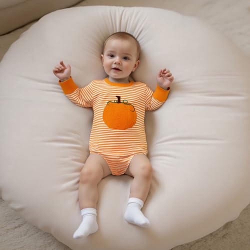 Newborn Baby Boy Halloween Outfit Fall Clothes Long Sleeve Striped Waffle Pumpkin Sweatshirt Bubble Romper2