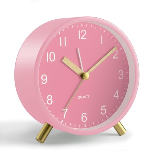 Analog Alarm Clock, 4 inch Super Silent Non Ticking Small Clock with Night Light, Battery Operated, Simple Design, easy setting for Office, Bedroom, Bedside, Desk, teens, elders, kids, adult, Pink