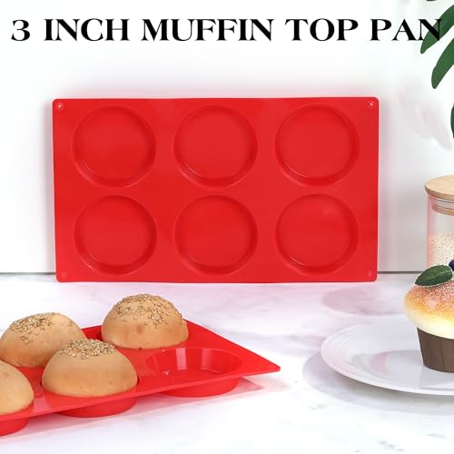 AOTASO 2 Pcs Muffin Top Pans Non Stick Silicone Egg Molds For Breakfast Sandwiches 3 Inch Round Egg Silicone Molds For Baking English Muffins, Whoopie Pies, Corn Bread, Egg Bites, Tarts (Red)