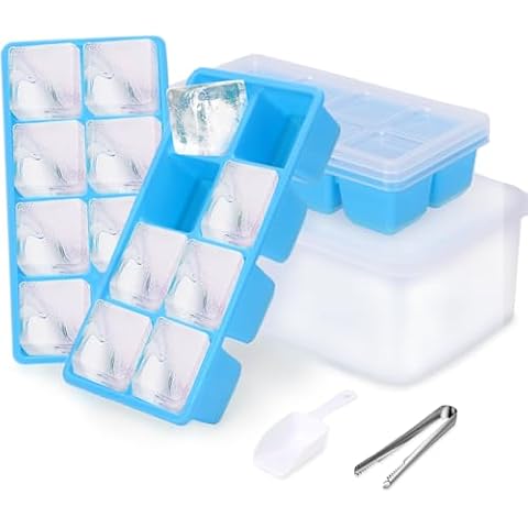 Big Ice Cube Molds with Lid and Storage Box, JRISBO 3 Pack Extra Large Ice Cube Trays BPA Free Silicone for Freezer, Easy-Release Stackable Ice Tray with Container Bin and Scoop Cover