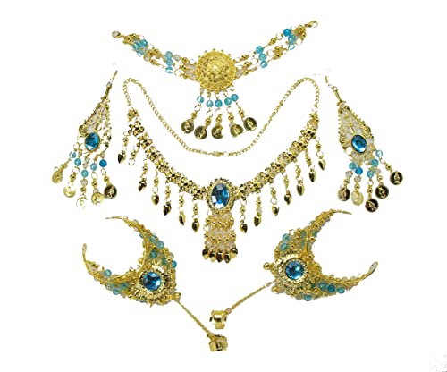 Female belly dance performance Indian dance headdress Indian dance dance accessories six-piece set, party accessories (Lake blue six-piece set)