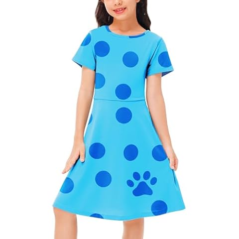 Girl Blue Dot Dress Halloween Flare Dress Spot Print Tunic Short Sleeve Dresses 5-6 Years Cover