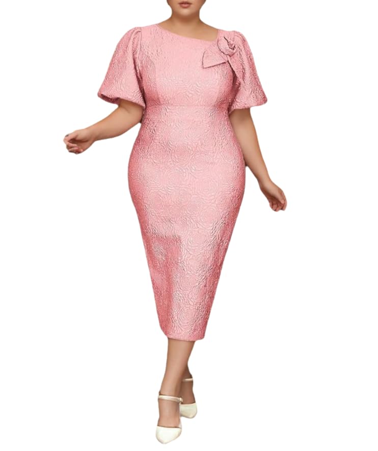Image of ONTINVA Jacquard Floral Dress for Women's Irregular Neck with Flower Petal Midi Dresses for Cocktail Wedding Party