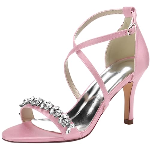 Sandales de mariage en satin rose pour femme avec strass et talon de 8,5 cm