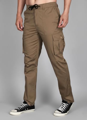 Image of Vogaan Men's Cotton Cargo Pants | Casual Trousers for Men | Comfortable Lower for Men | Breathable Pants with 6 Pockets & Drawstring Elastic Waistband