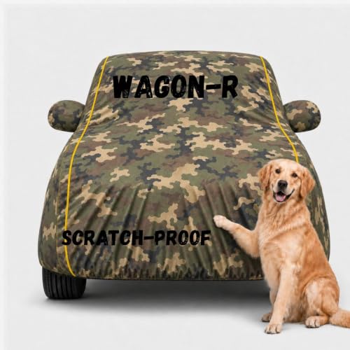 Image of 3 Layer Waterproof Car Body Cover for Wagon-R All Weather Protection Comes with Inner Cotton Lining & Triple Stitched with Mirror & Antenna Pocket Belt & Elastic Fit (Army)