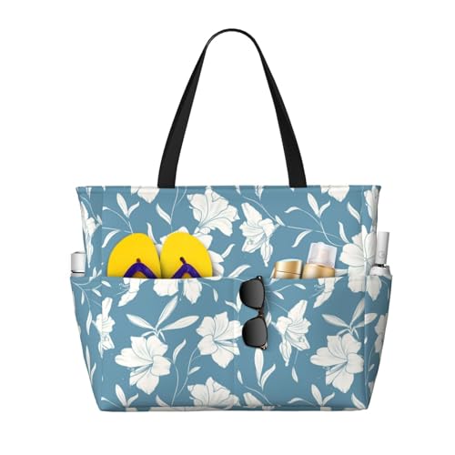 Lilies Flowers Light Blue Large Beach Bag Waterproof Sandproof Swim Tote Pool Bag For Women With Zipper