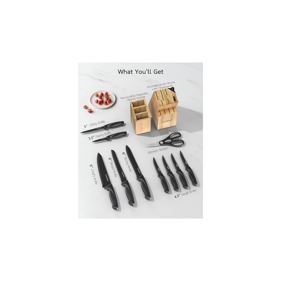 18-Piece-Knife-Sets-for-Kitchen-with-Block-and-Sharpener-Kitchen-Utensils-Set-Removable-Utensil-Holder-Wood-Black-Precision-Cutting-Effortless-Sharpening-Convenient-Organization TUUMIIST 18-Piece Knife Sets for Kitchen with Block and Sharpener & Kitchen Utensils Set & Removable Utensil Holder (Wood & Black)-Precision Cutting, Effortless Sharpening, Convenient Organization