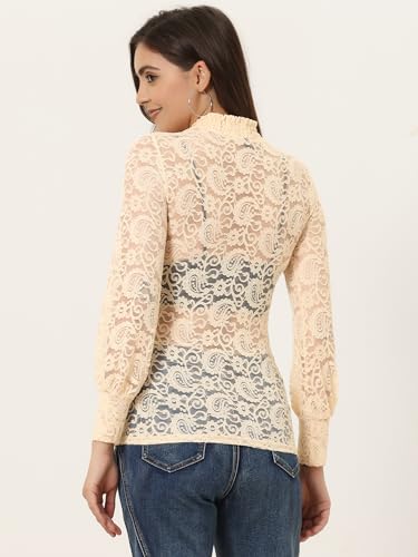 Allegra K Women's Lace Top Long Sleeve Smocked Mock Neck See Through Sheer Top Blouse X-Small Apricot by Allegra K - Used condition - Image 8
