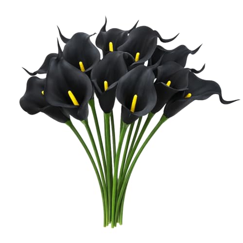 Image of 10 Pcs Artificial Calla Lily Flowers Bunch for Vase and Flower Pots- Premium Real-Look Faux Lily Stems for Home Decor, Living Room, Bedroom, Office Decoration (Vase not Included) (Black)
